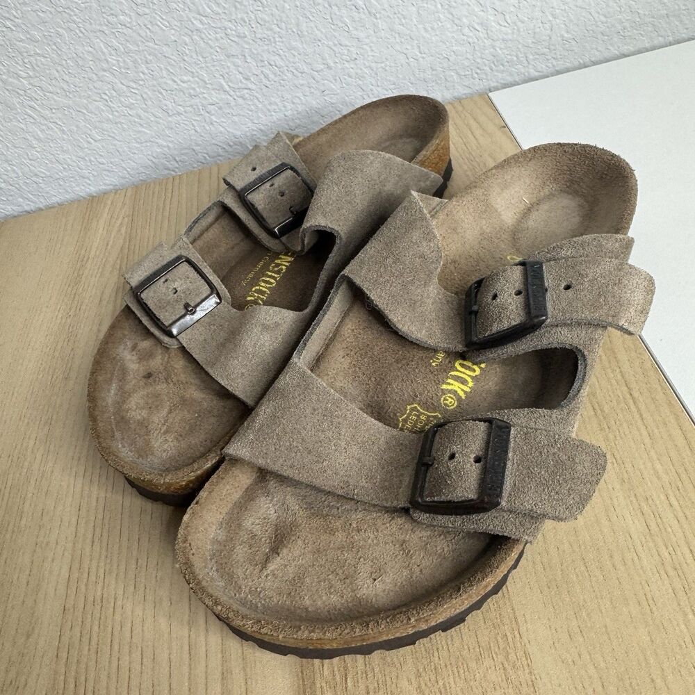 Birkenstock Arizona Suede Leather Sandals Womens 6 6.5 36 Tan Two Strap